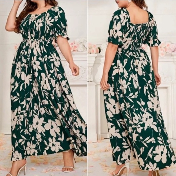 Boho plus floral tropical print puff sleeve maxi dress - Picture 2 of 9